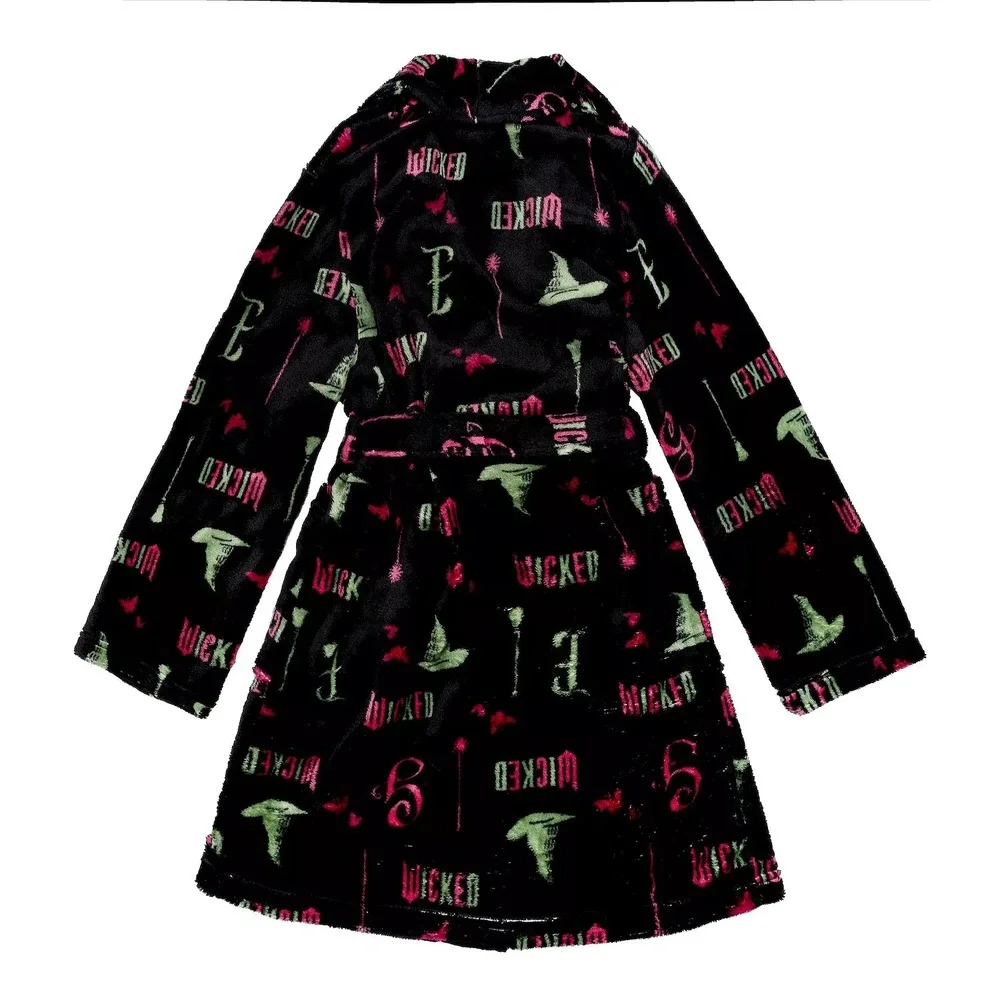 Wicked Girls Glinda and Elphaba Motifs Black‎ Plush Soft Fleece Robe Size 6